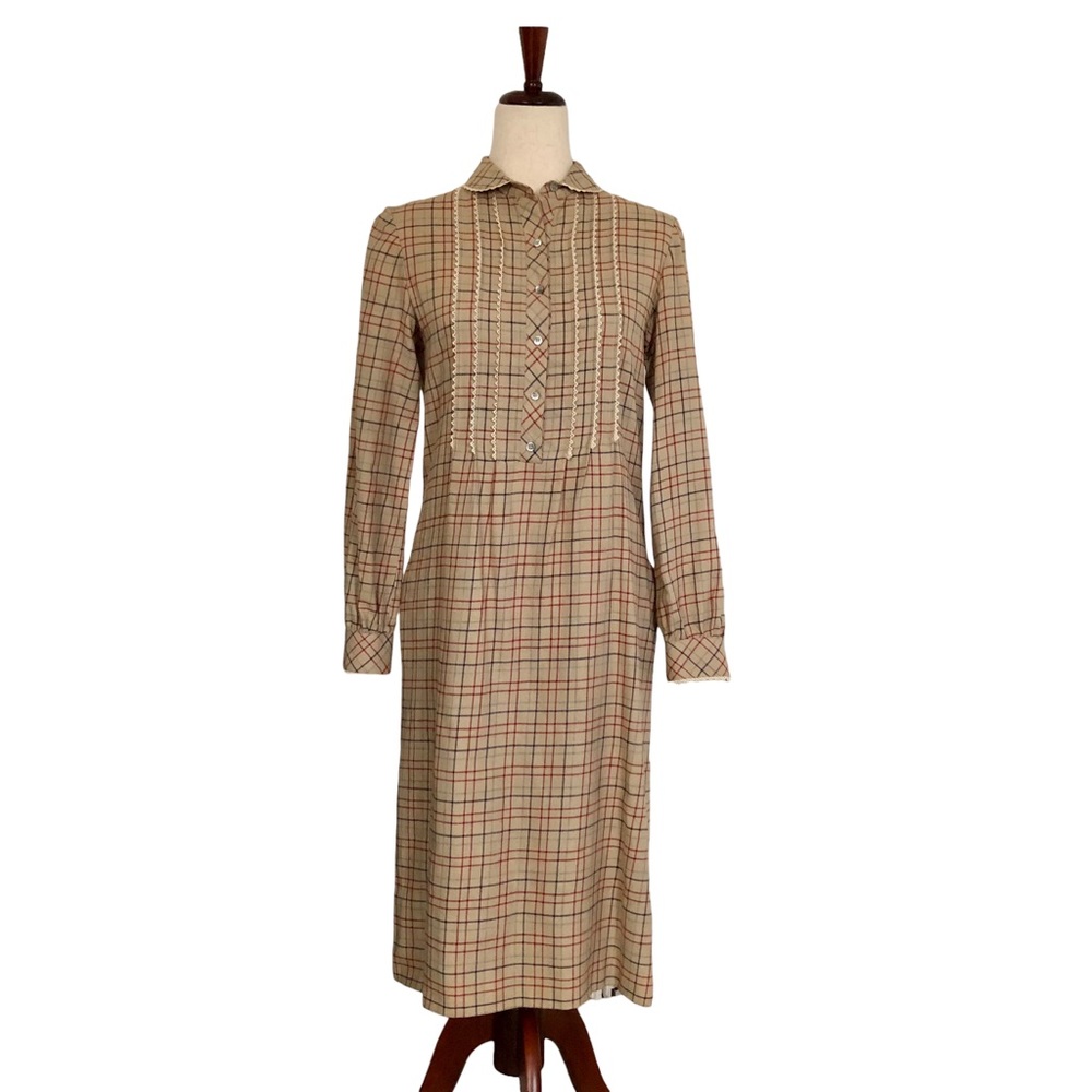 Vintage Tanner Women’s Long Sleeve Plaid Flannel Midi Dress, Tan Size 8/Small